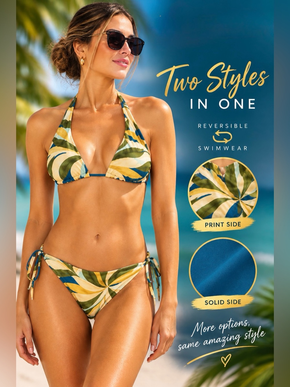 Hurley Reversible Halter Bikini - Blue & Tropical Green Print Size M NWT